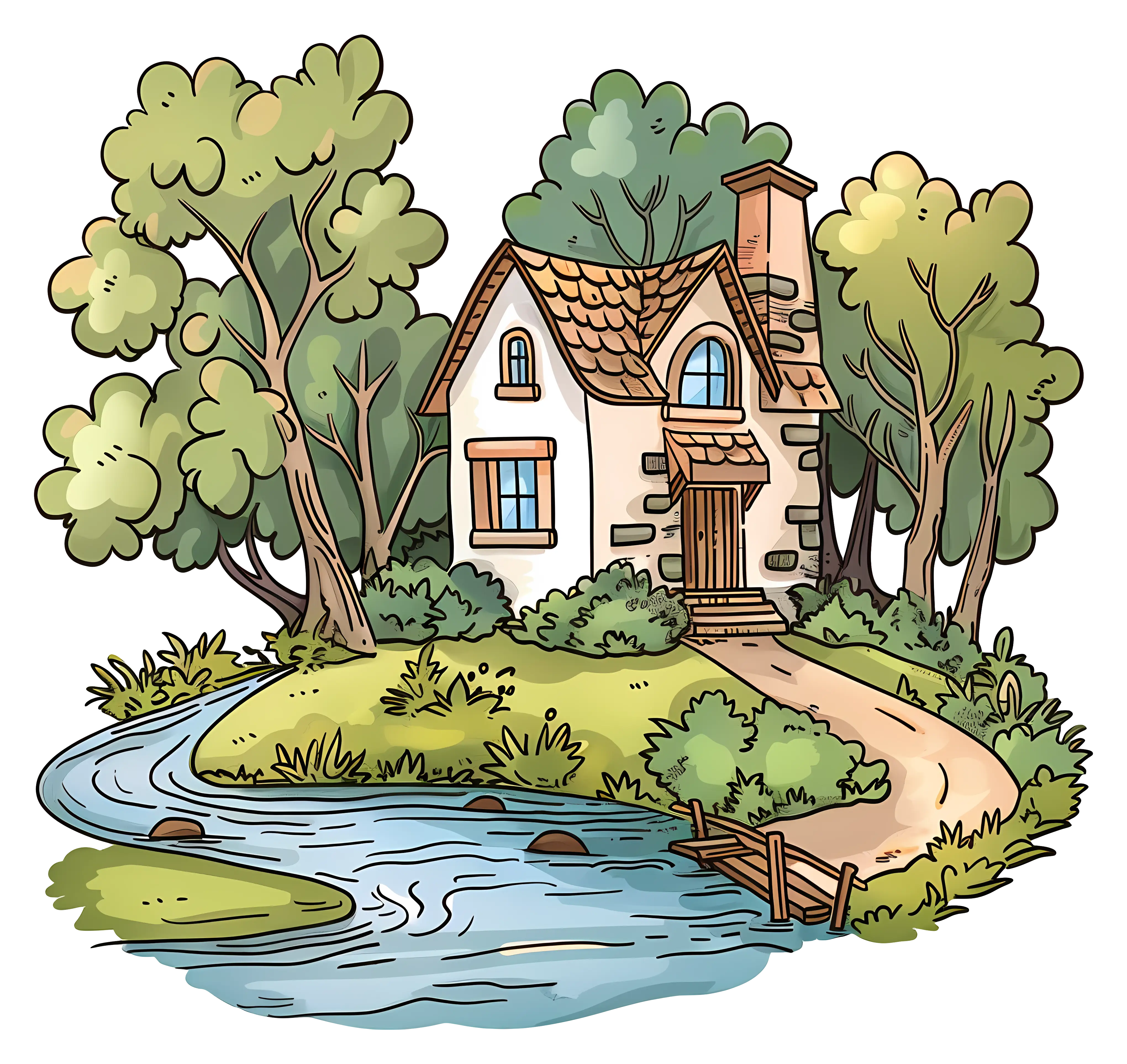Small Cottage Near a River in a Forest Setting