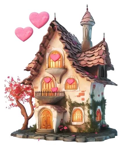 Fairy Tale House with Romantic Pink Hearts