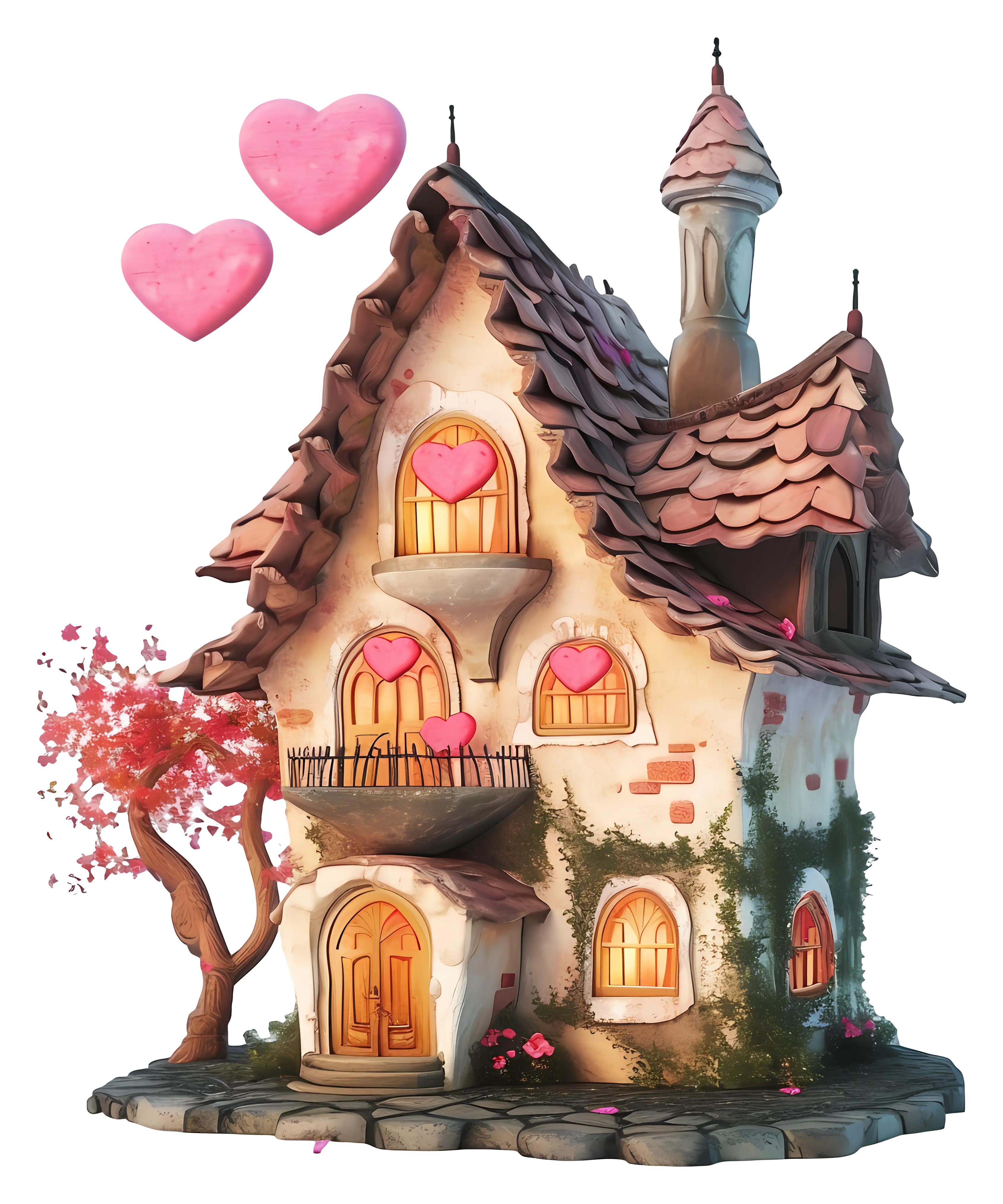 Fairy Tale House with Romantic Pink Hearts