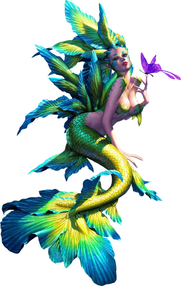 Fantasy Green Mermaid Holding Purple Flower