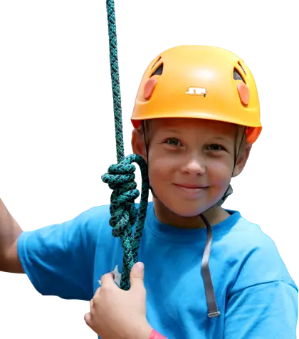 Child Wearing Safety Helmet and Holding Rope