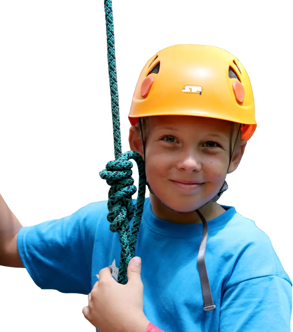 Child Wearing Safety Helmet and Holding Rope