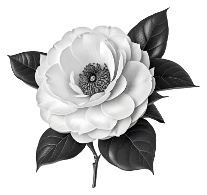 White Camellia Flower with Green Leaves