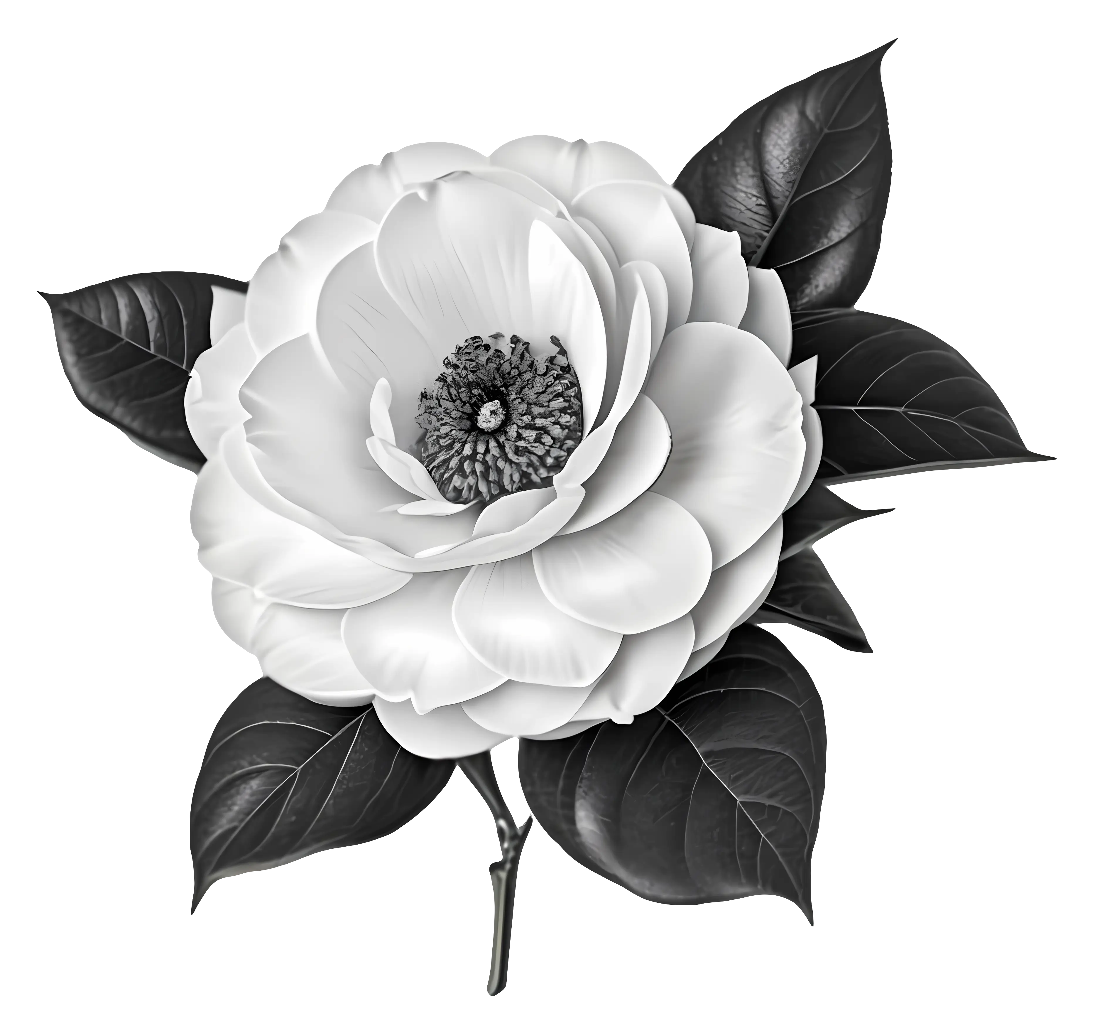 White Camellia Flower with Green Leaves