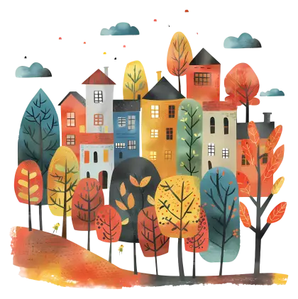 Autumnal Village with Colorful Trees