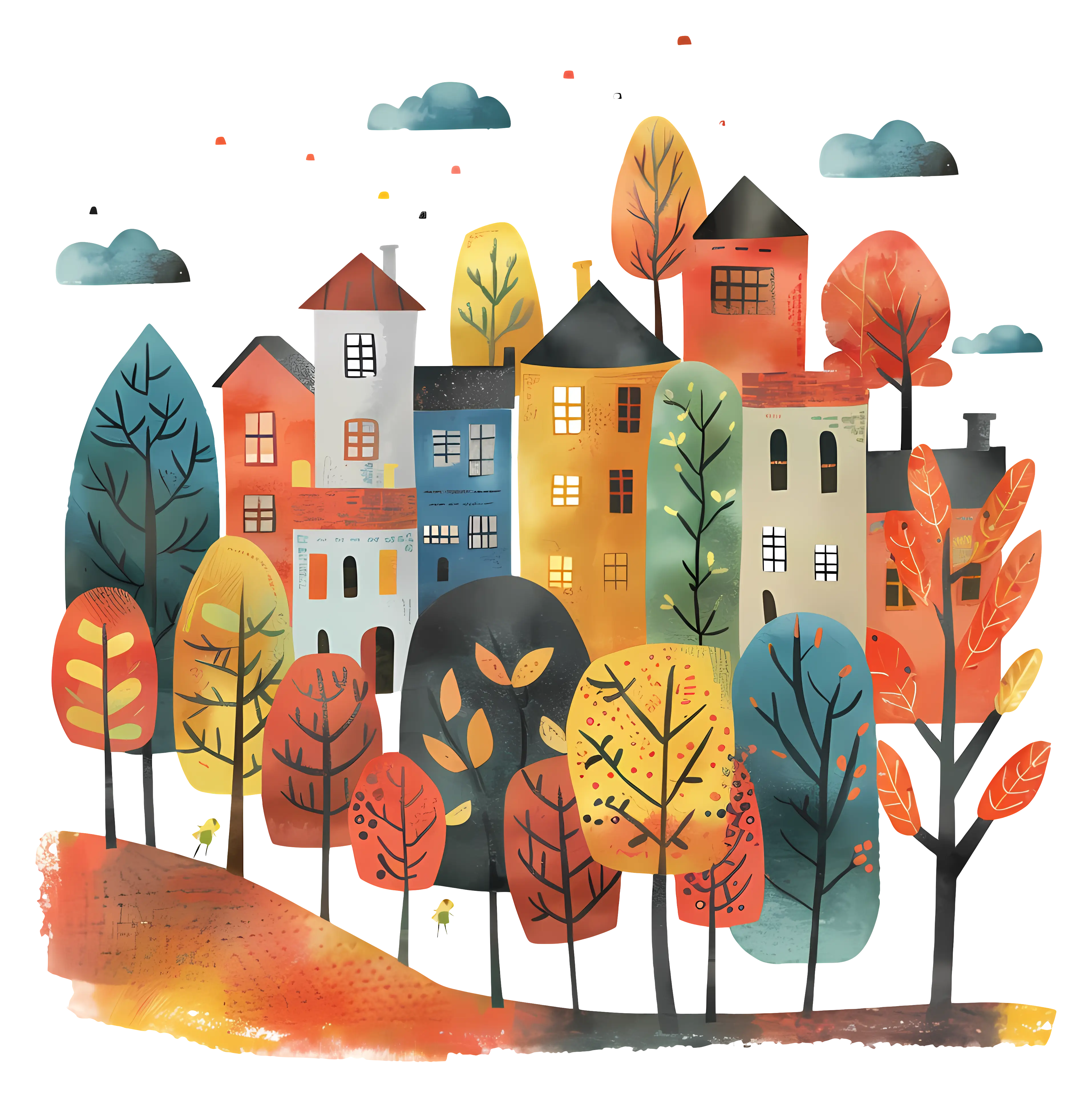 Autumnal Village with Colorful Trees