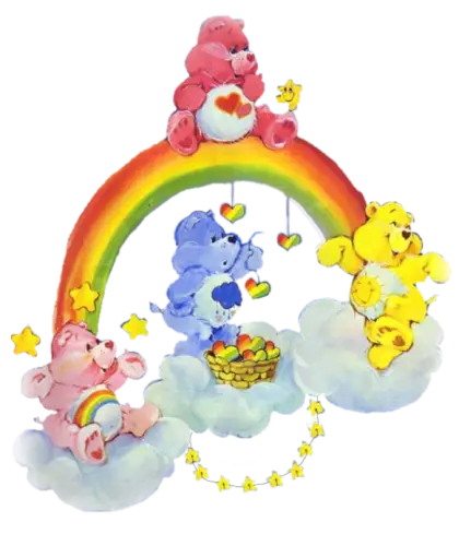 Colorful Care Bears on Rainbow and Clouds
