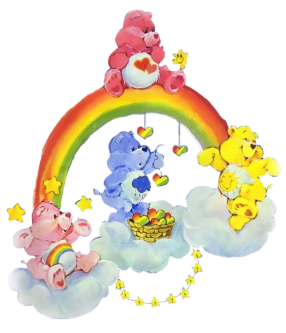 Colorful Care Bears on Rainbow and Clouds