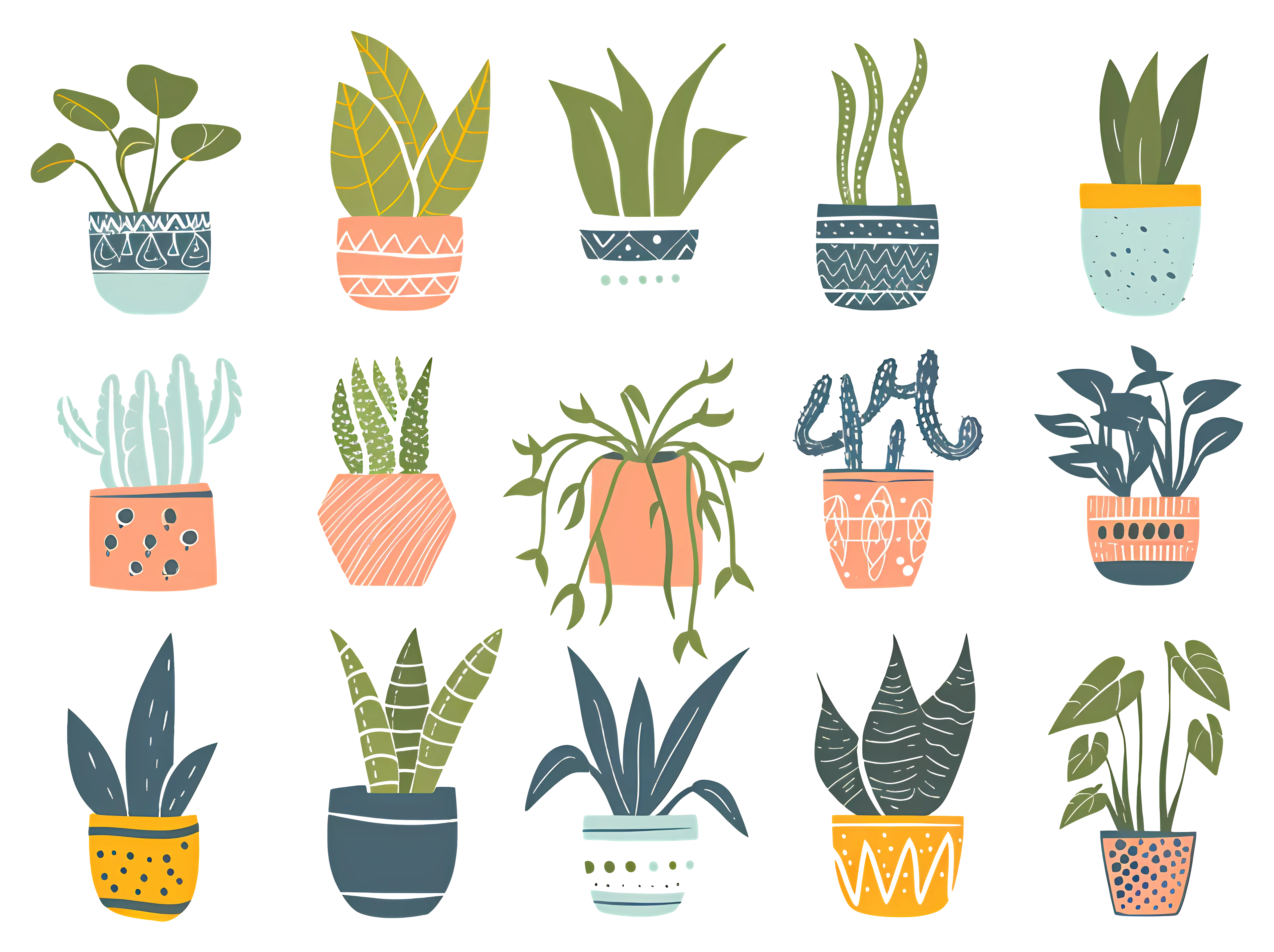 Illustrated Collection of Houseplants in Different Pots