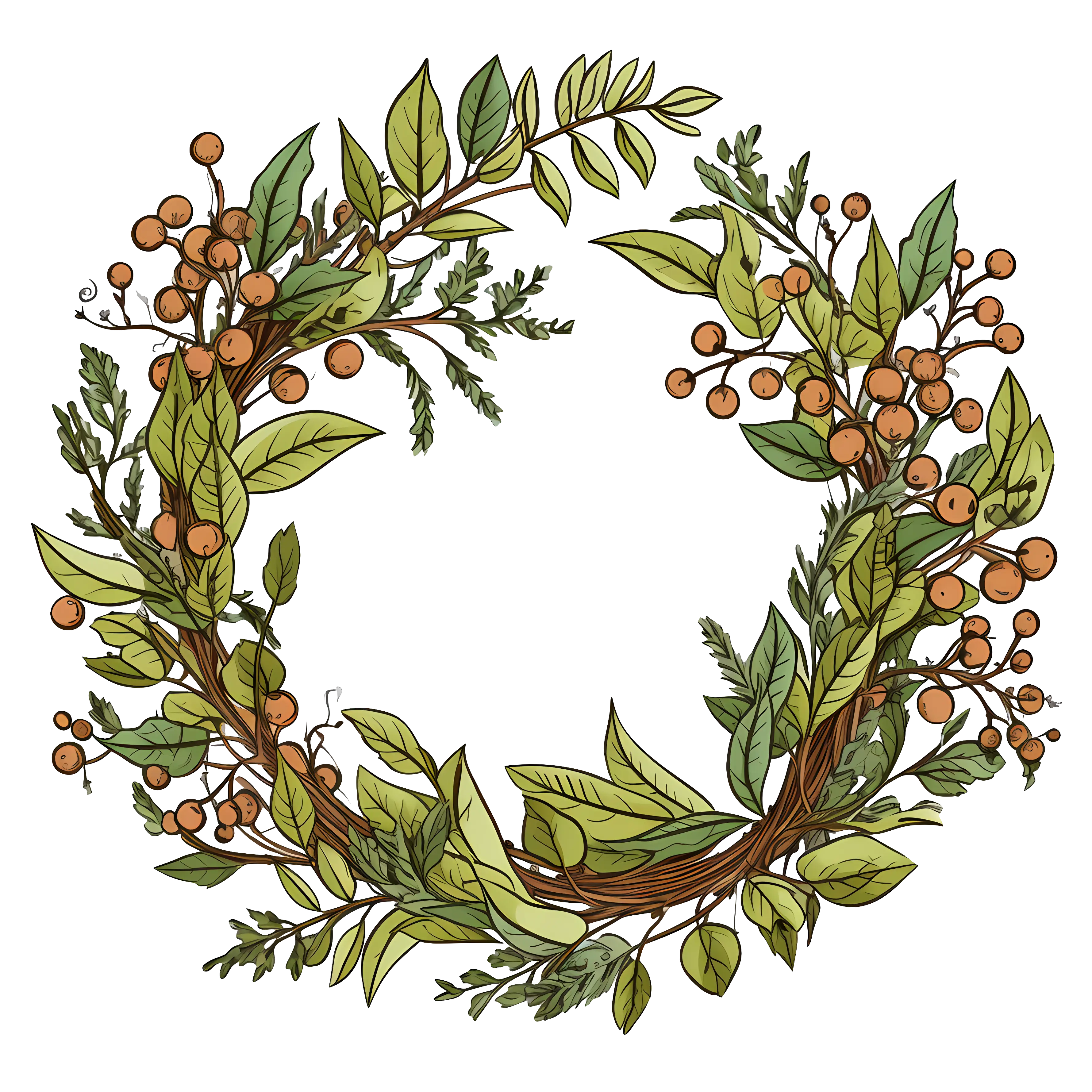 Natural Wreath with Green Leaves and Orange Berries