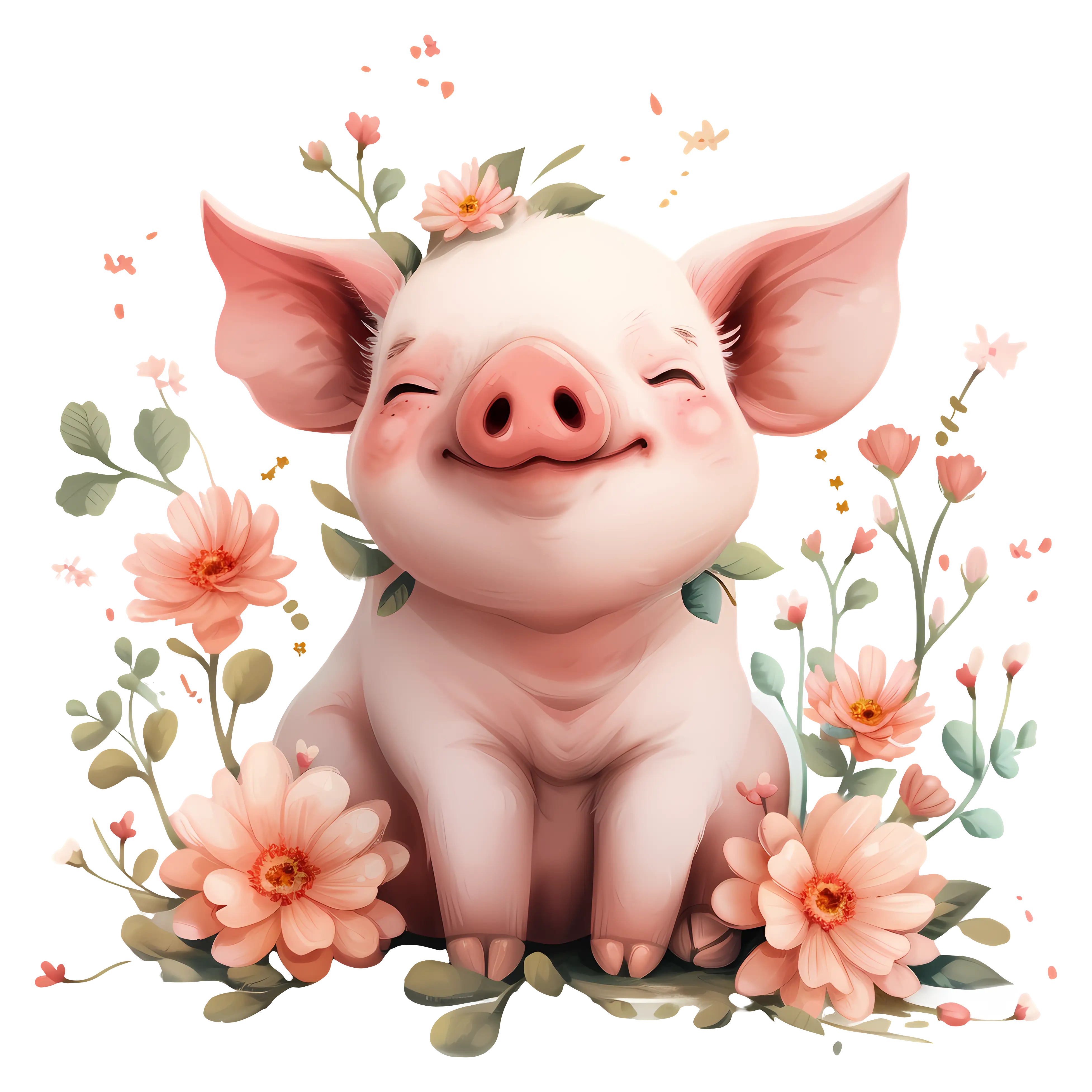 Happy Pig with Flower Decoration