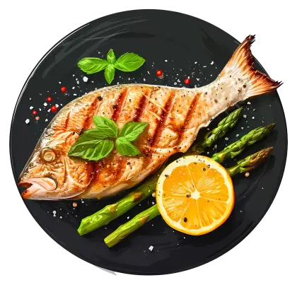 Grilled Fish Dish with Garnishes on Black Plate
