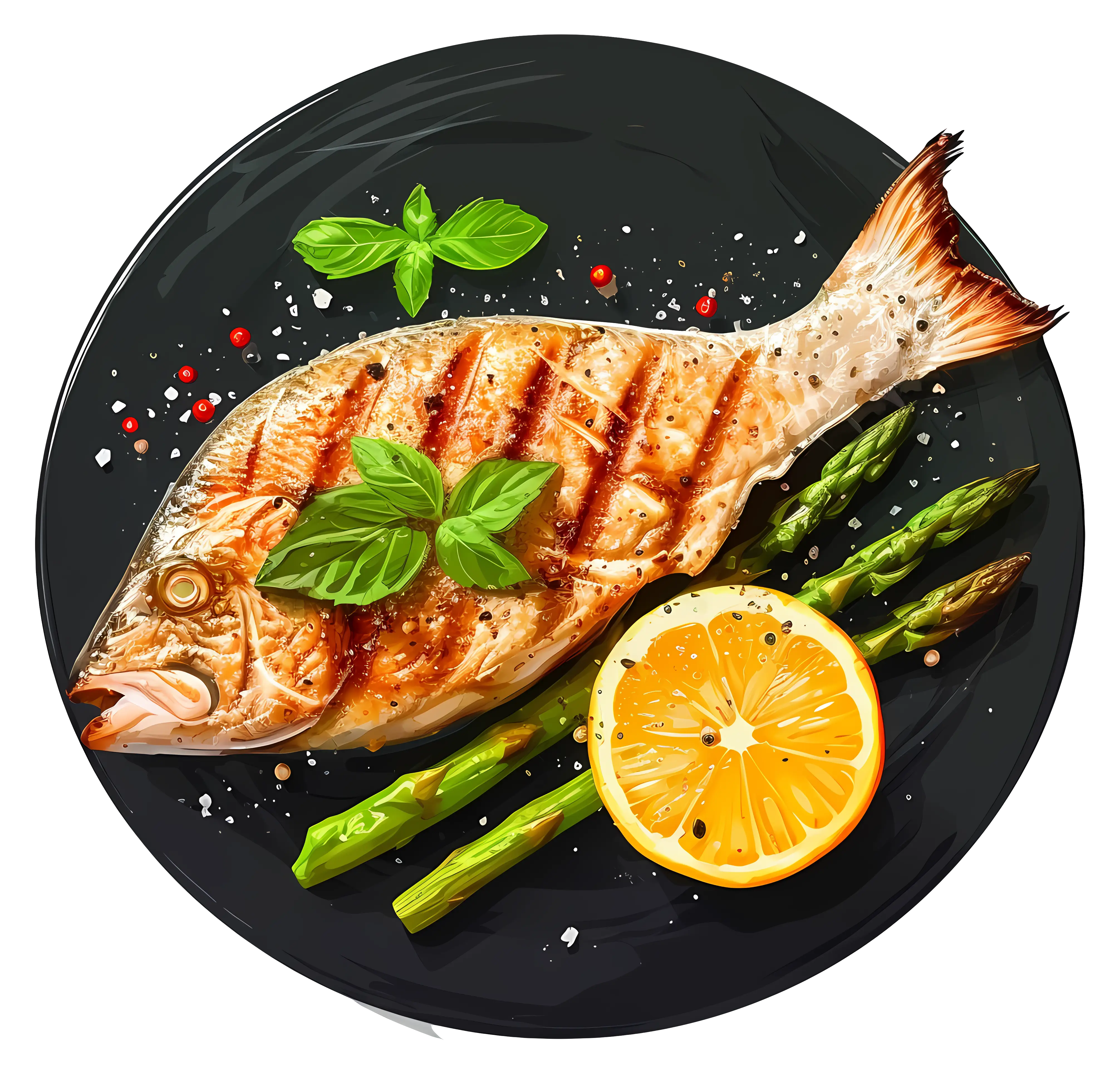 Grilled Fish Dish with Garnishes on Black Plate