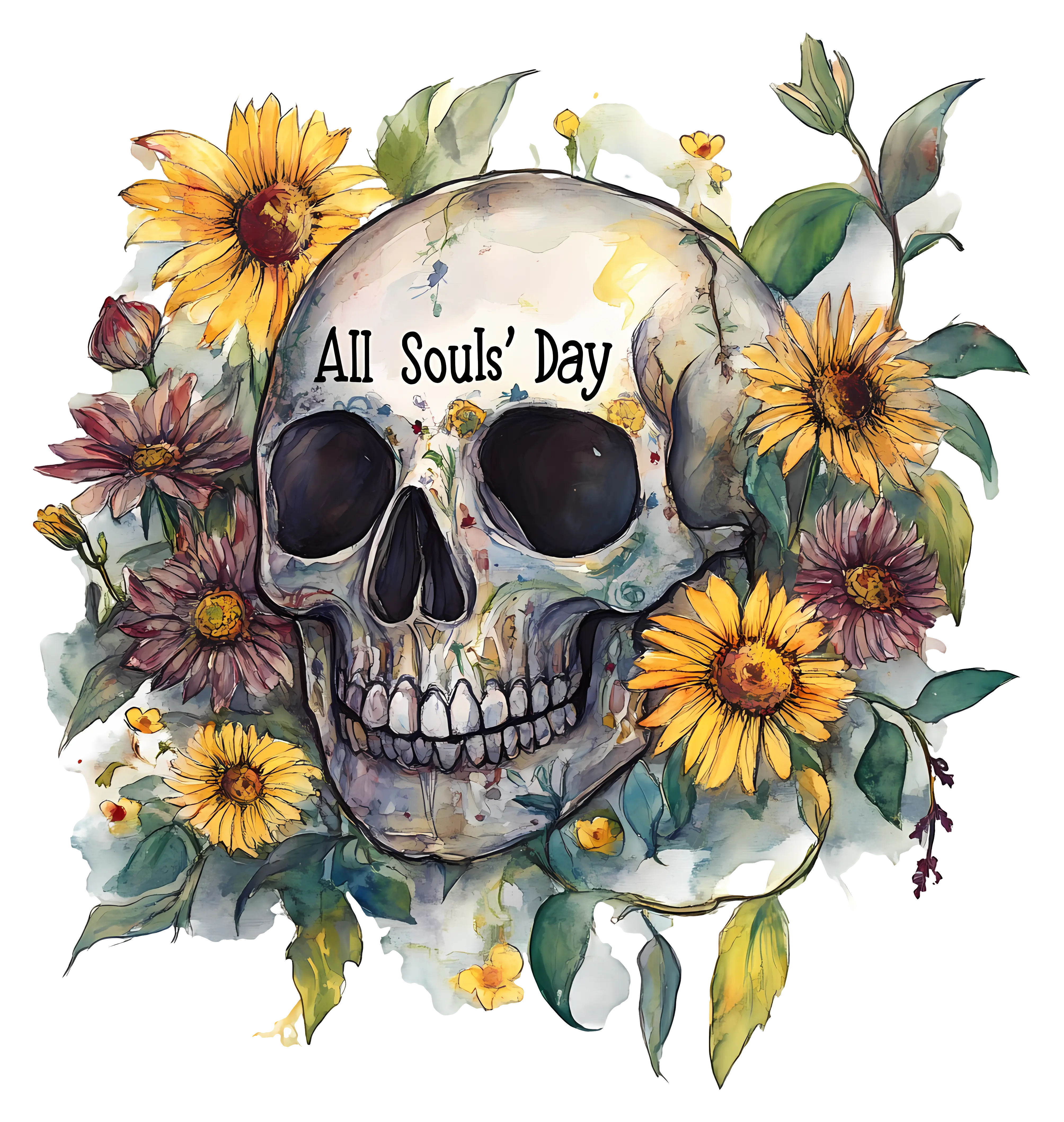 Skull with Sunflowers for All Souls' Day