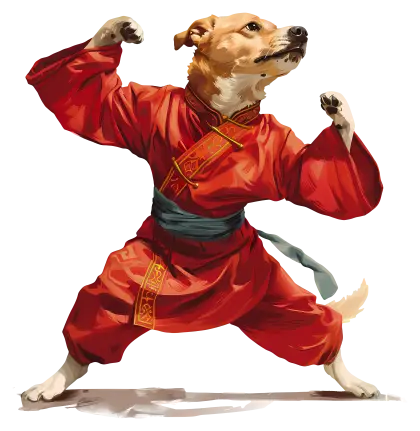 Martial Arts Dog in Red Outfit
