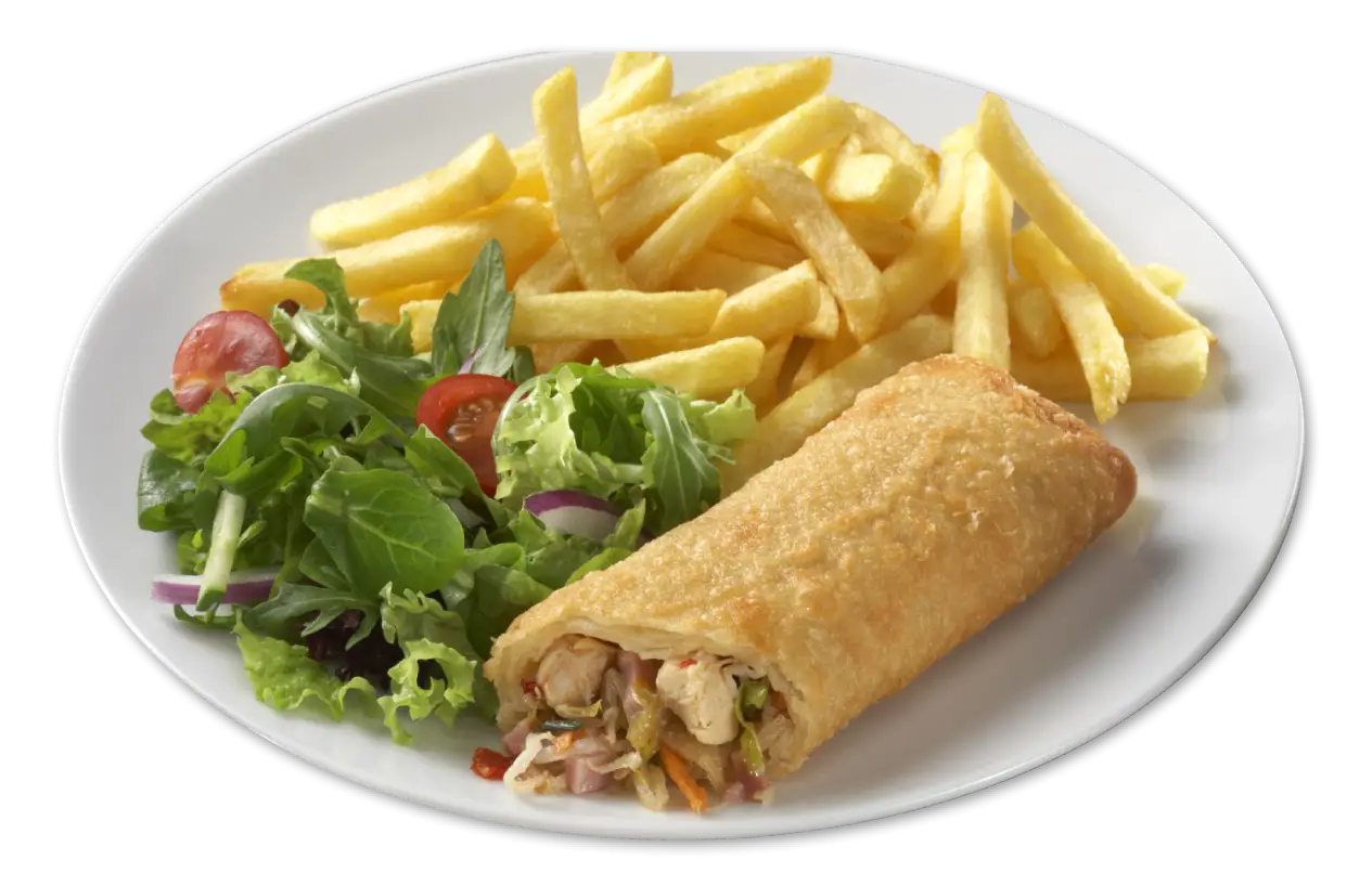 Delicious Fried Roll and Fries with Salad