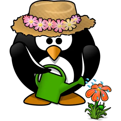 Penguin Watering a Flower in Cartoon Style