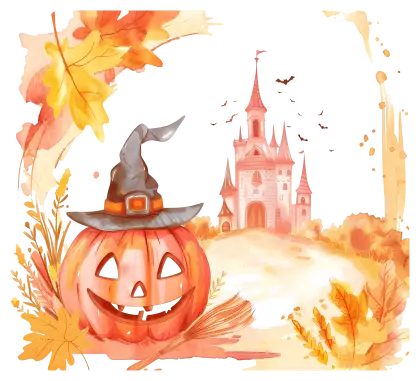 Halloween Pumpkin with Witch Hat and Castle
