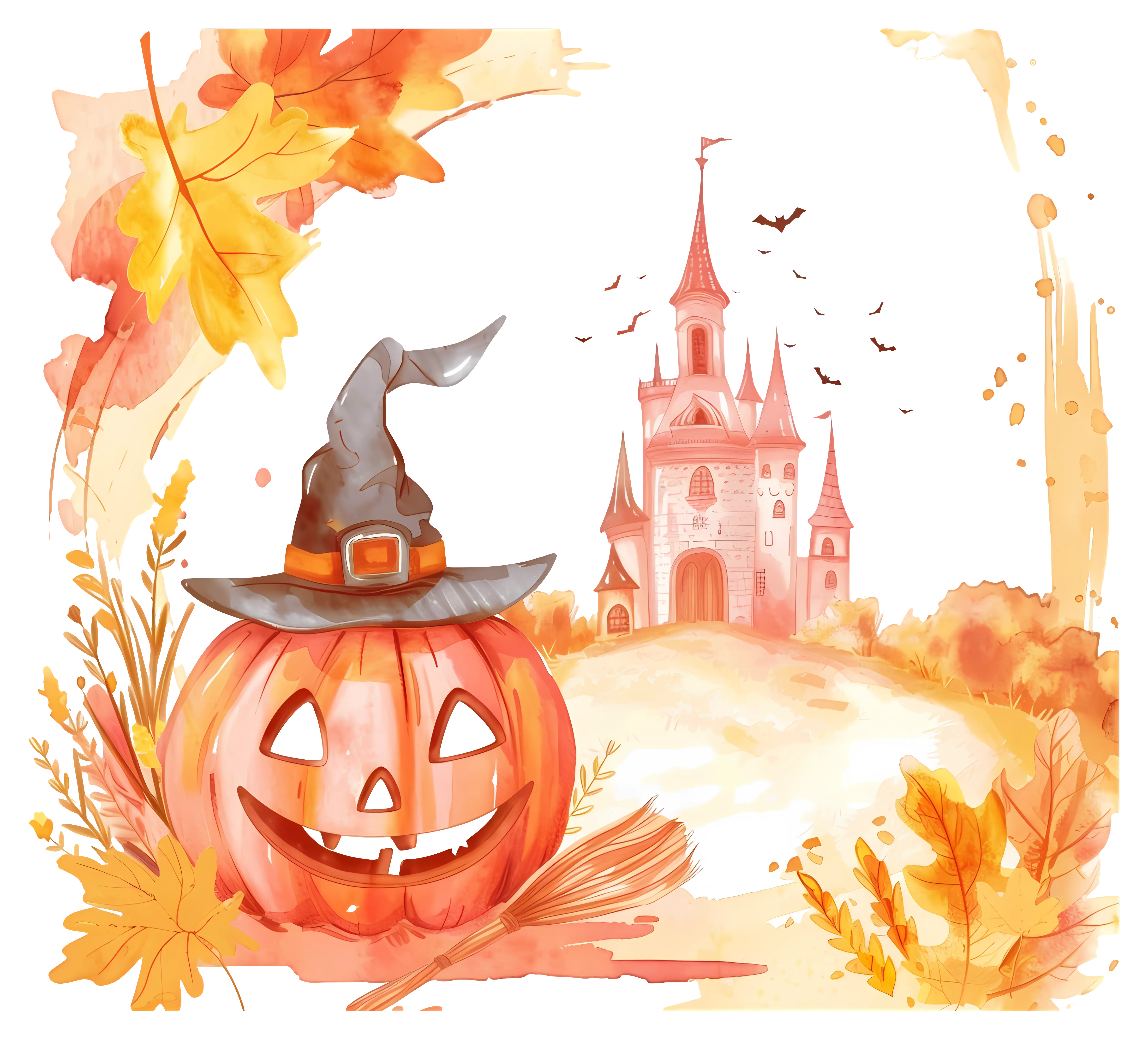 Halloween Pumpkin with Witch Hat and Castle