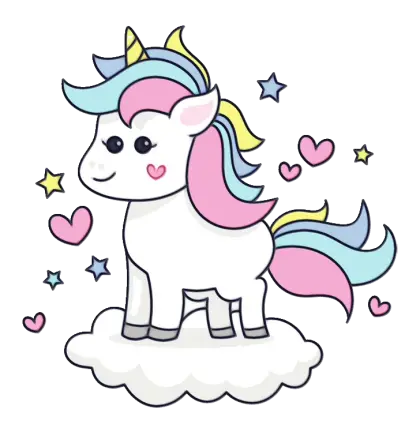 Cute Unicorn with Rainbow Mane on Cloud