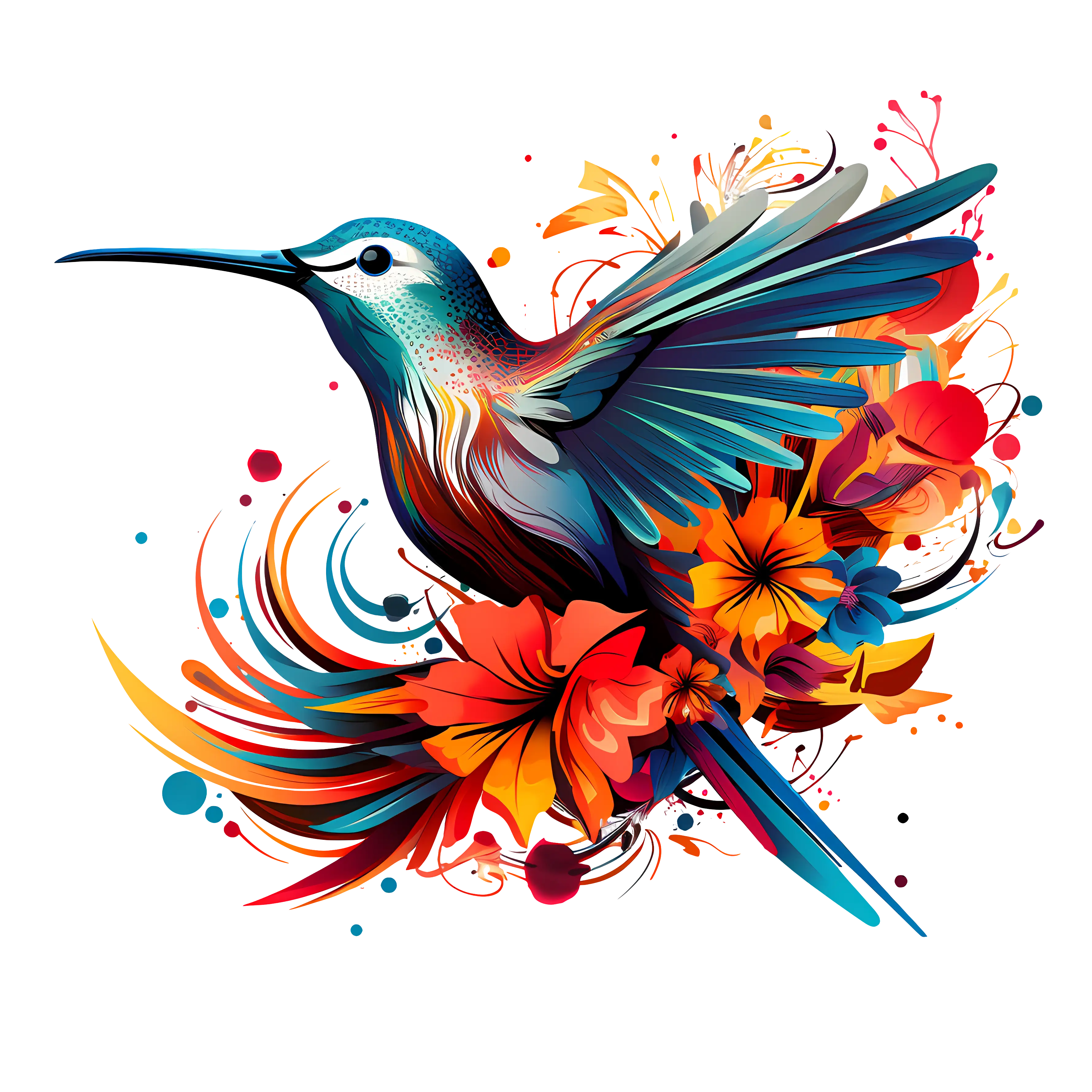 Vibrant Hummingbird Surrounded by Flowers