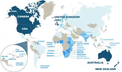 World Map Highlighting English-Speaking Countries