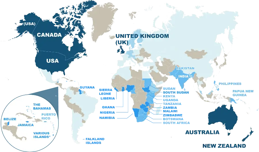 World Map Highlighting English-Speaking Countries