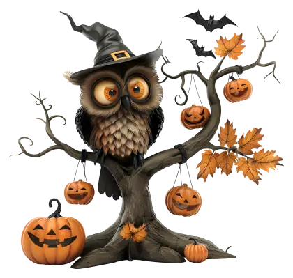 Owl in Witch Hat with Halloween Decorations