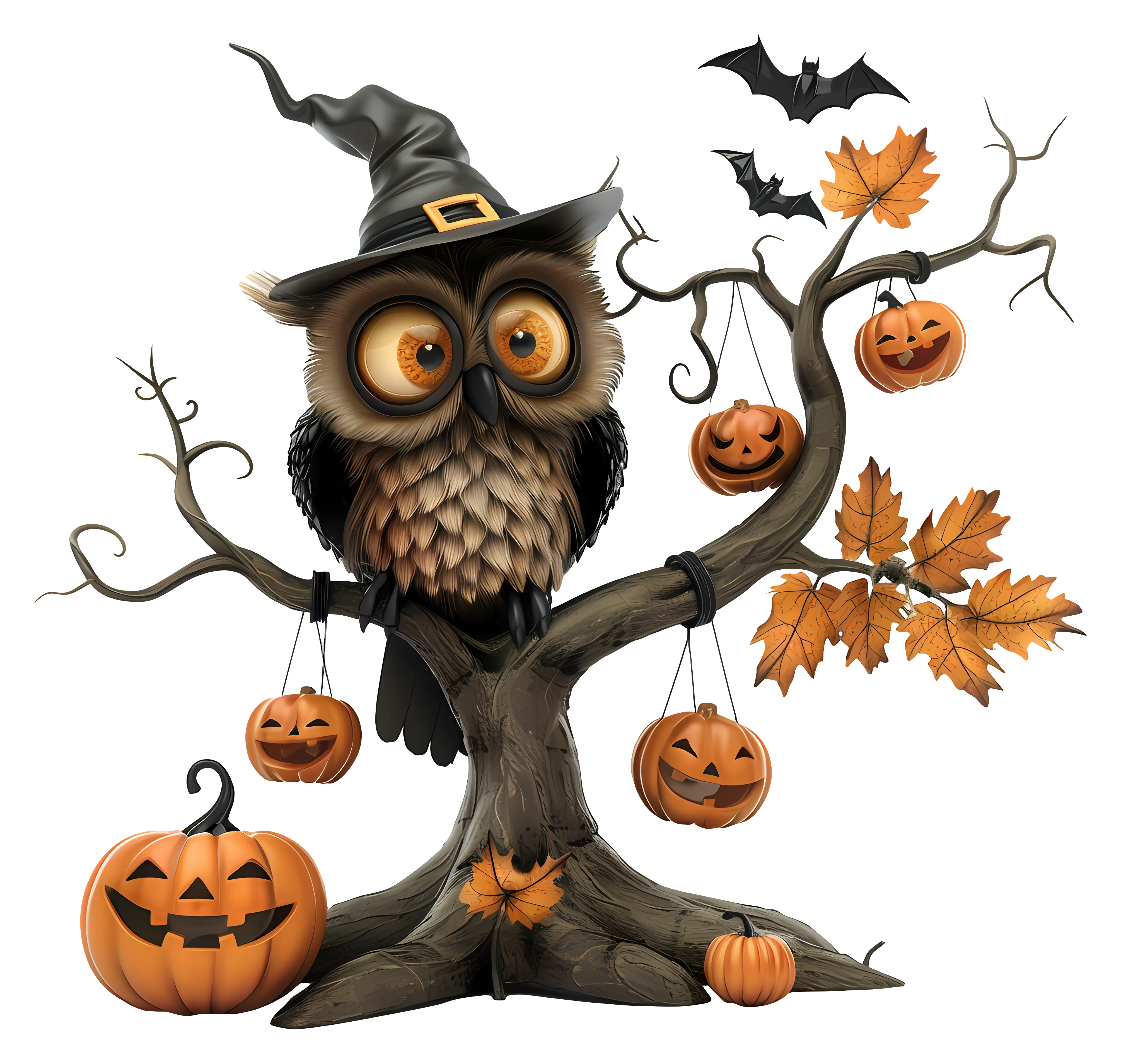 Owl in Witch Hat with Halloween Decorations