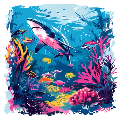 Colorful Underwater Scene with Shark and Corals