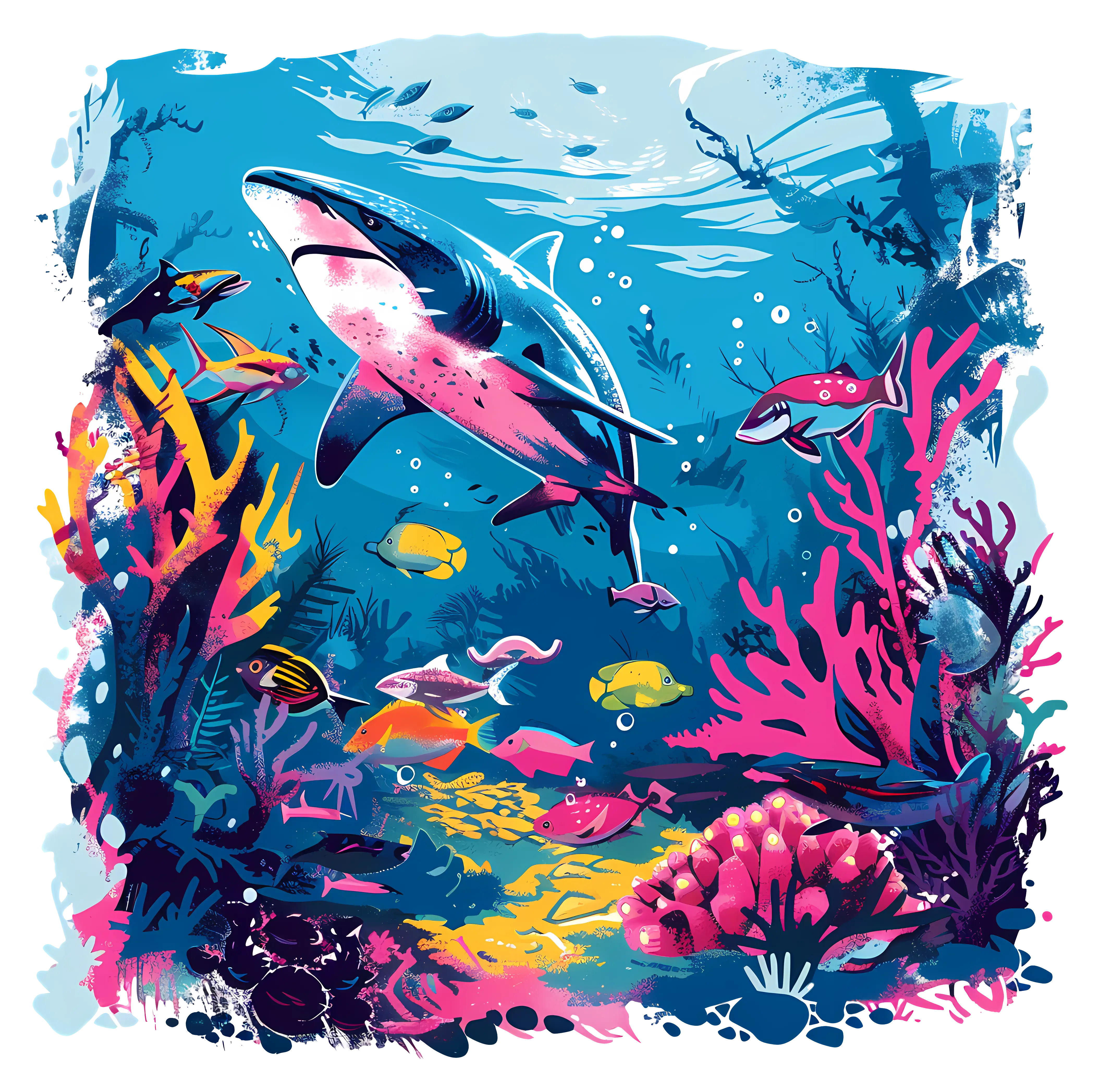 Colorful Underwater Scene with Shark and Corals