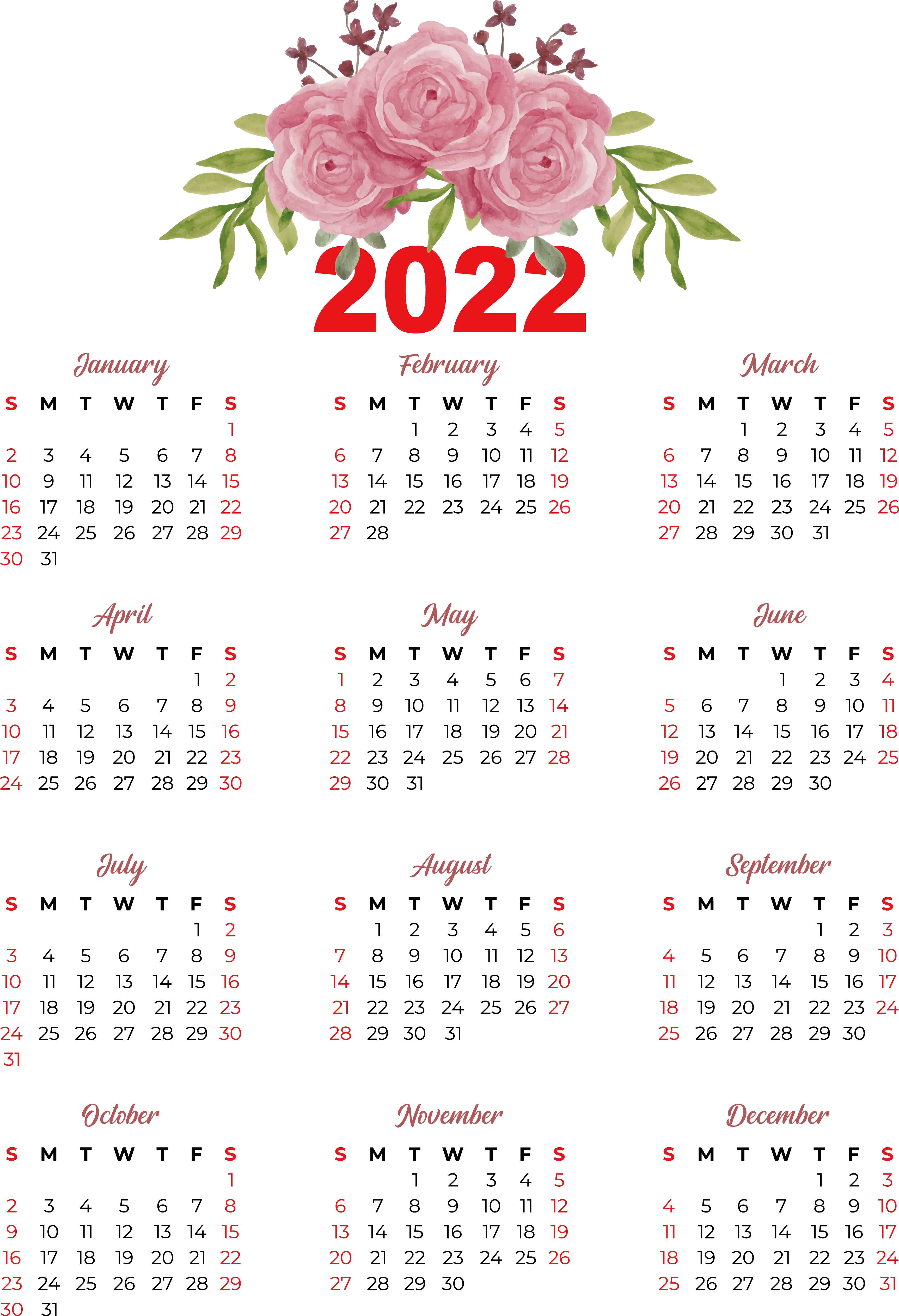 2022 Pink Rose Yearly Calendar Design