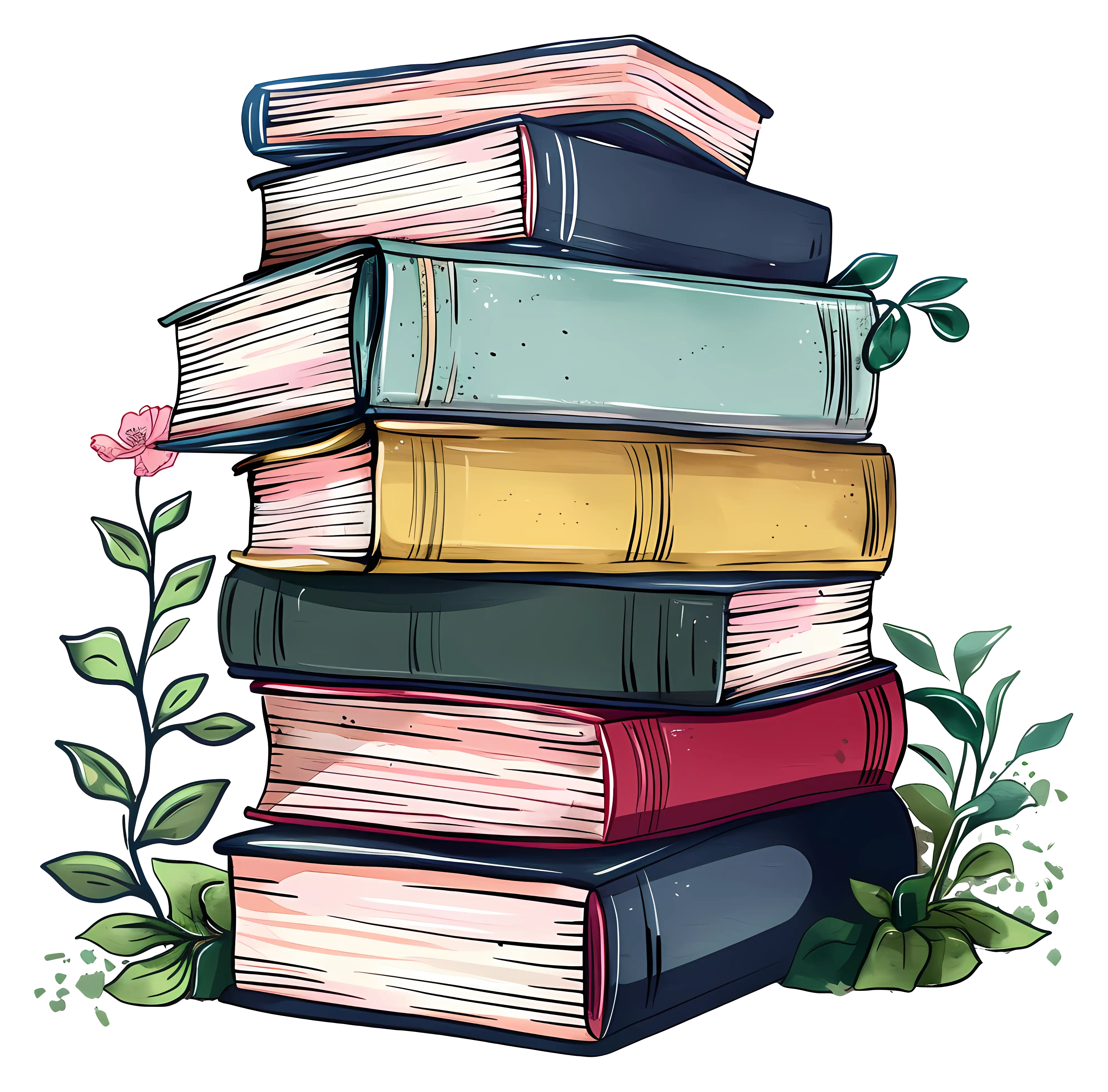 Artistic Stack of Books with Plant Illustration