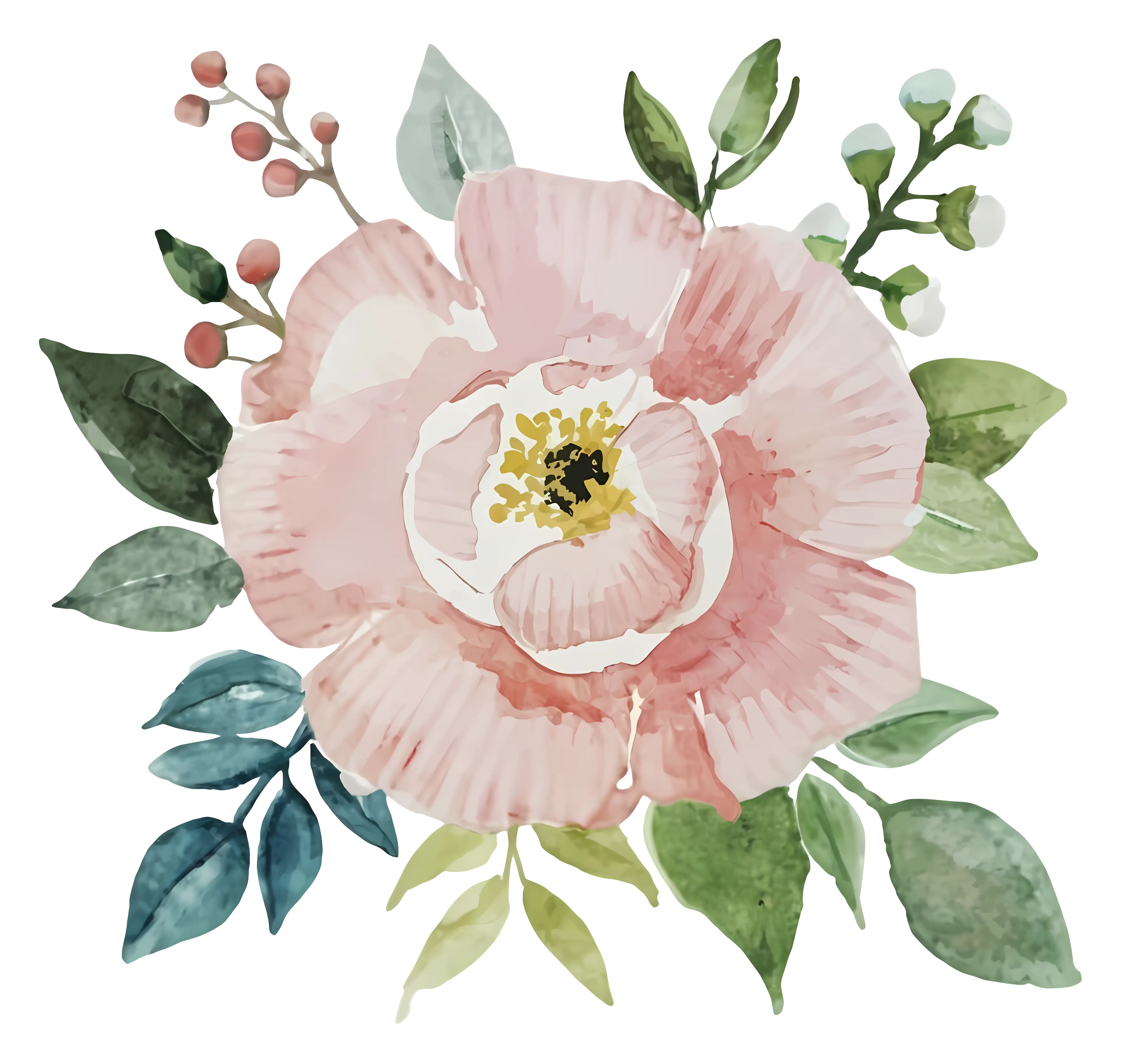 Watercolor Pink Flower with Leaves