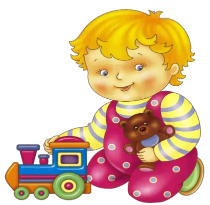 Cartoon Child Playing with Toy Train and Bear