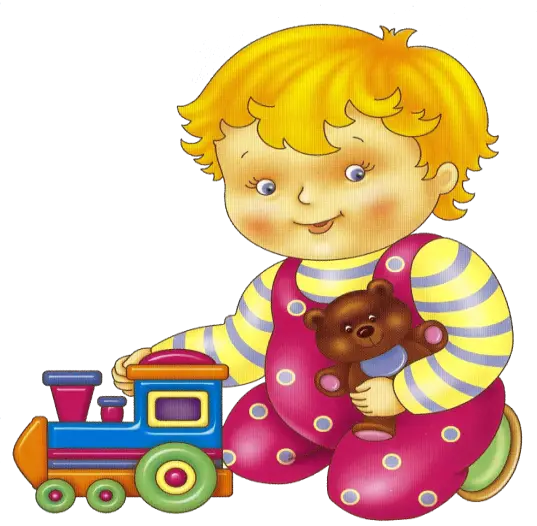 Cartoon Child Playing with Toy Train and Bear