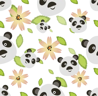 Panda Faces with Flowers and Leaves
