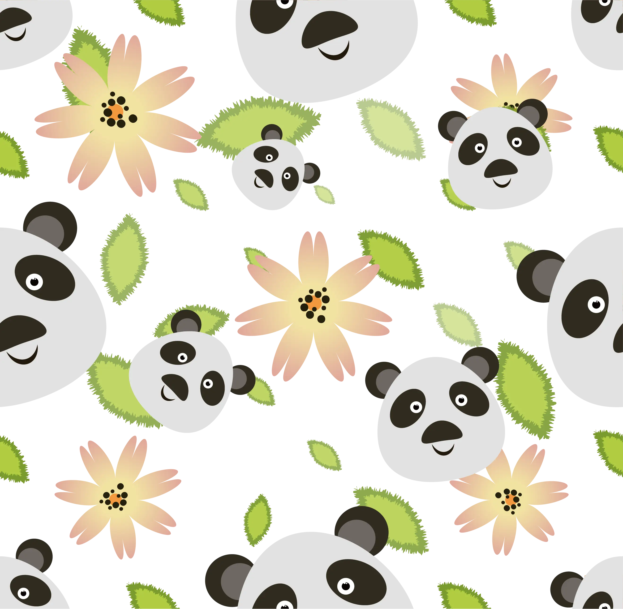 Panda Faces with Flowers and Leaves