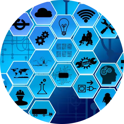 Technology Icons in Blue Hexagons