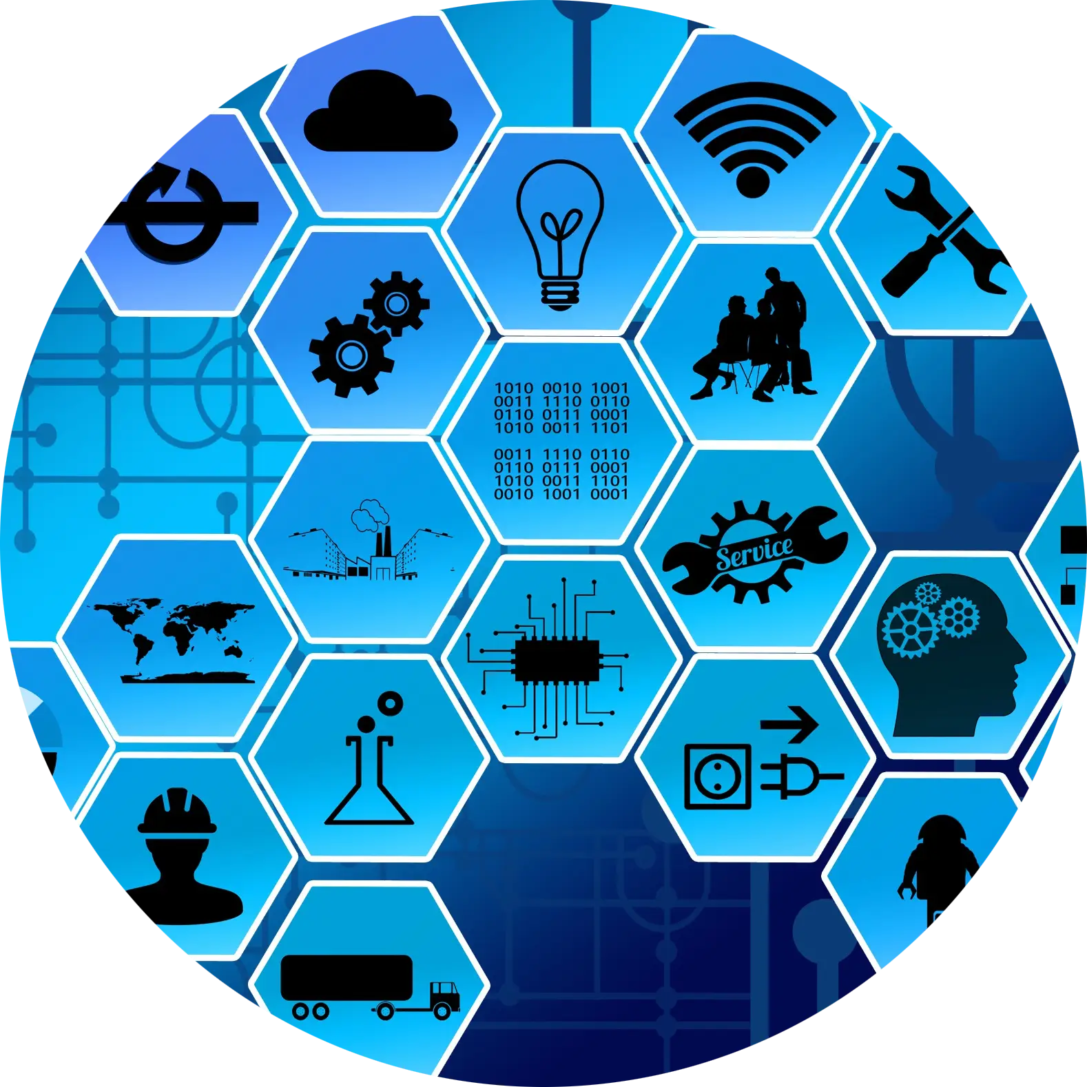 Technology Icons in Blue Hexagons