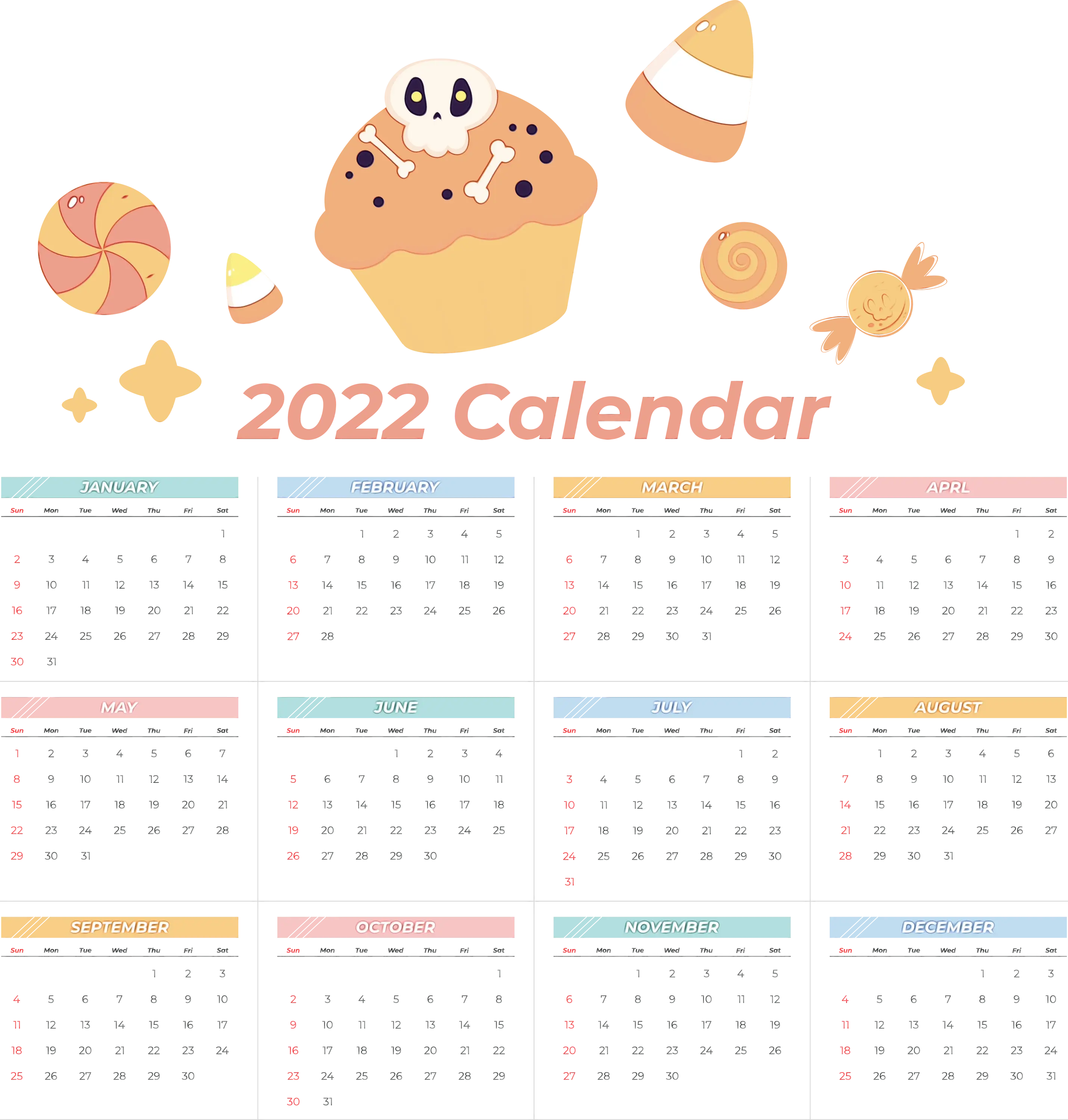 2022 Calendar with Cupcake Design