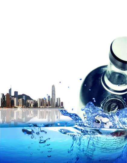 Bottle Splashing in Water with Cityscape