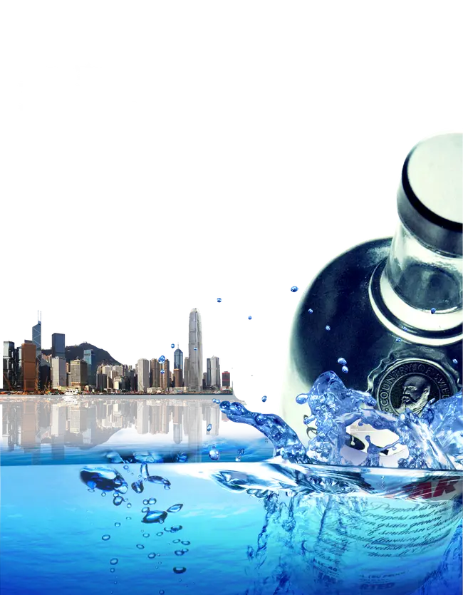Bottle Splashing in Water with Cityscape