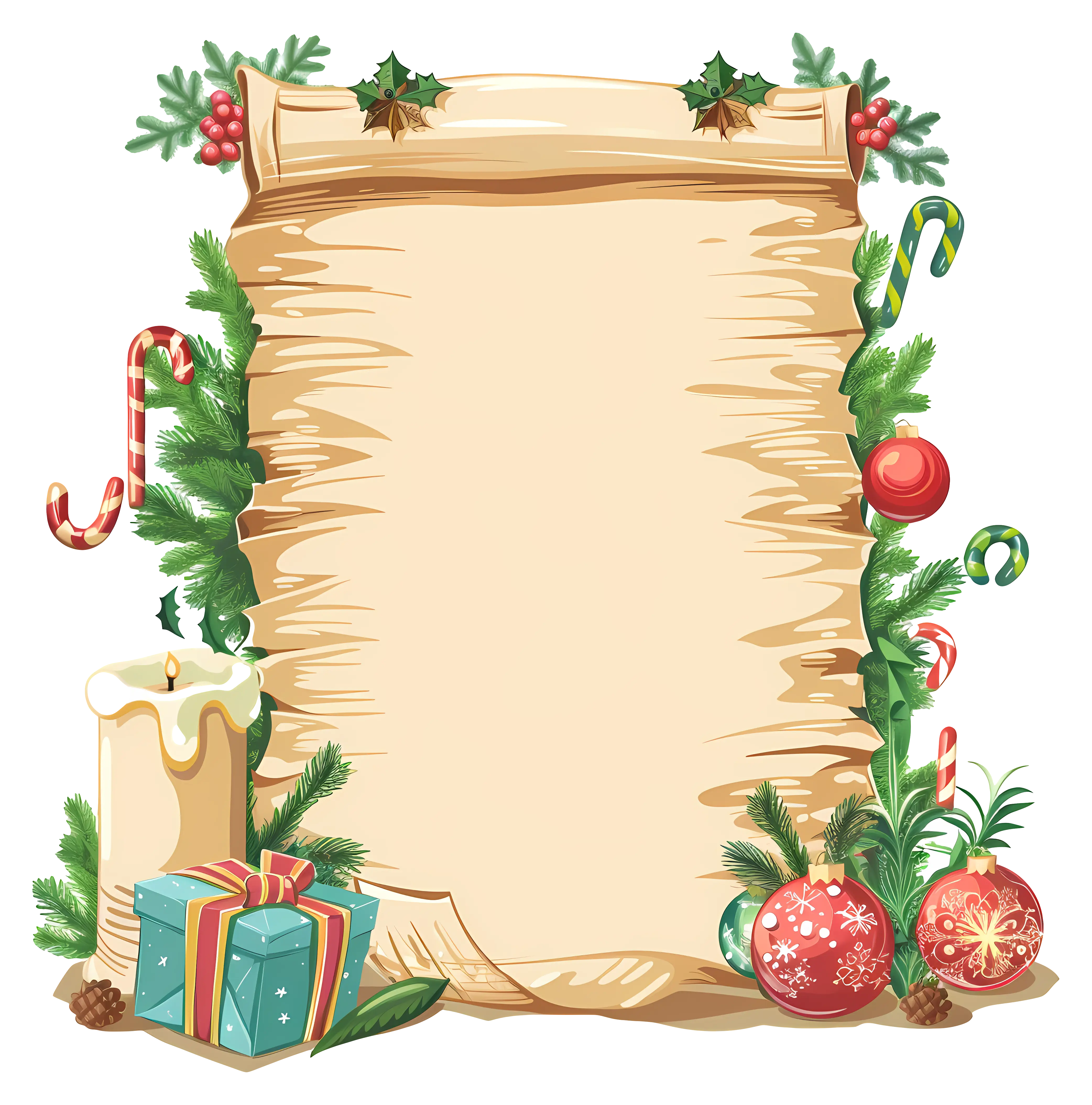 Decorated Christmas Scroll with Ornaments and Gifts