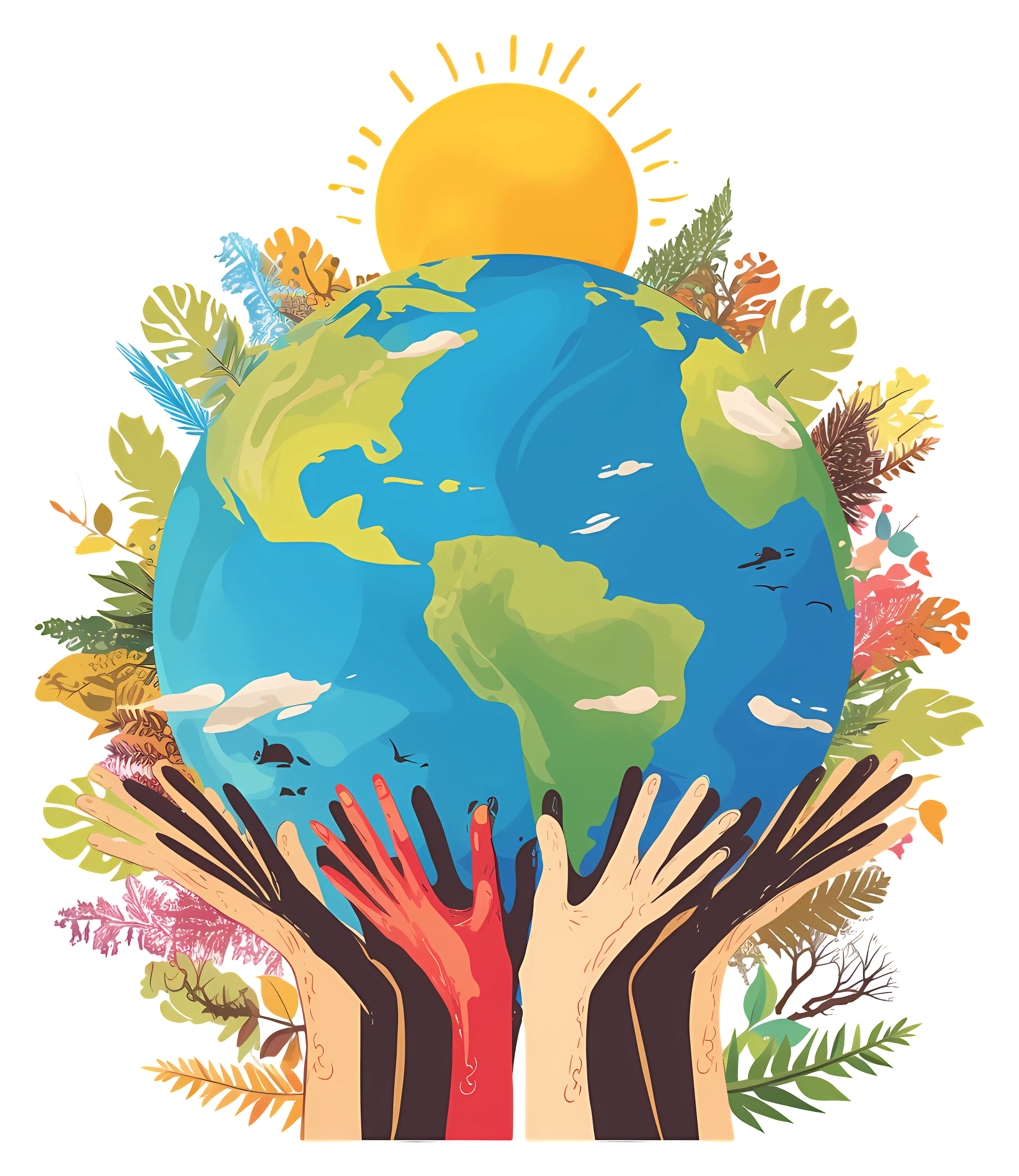 Earth Illustration with Hands and Sun