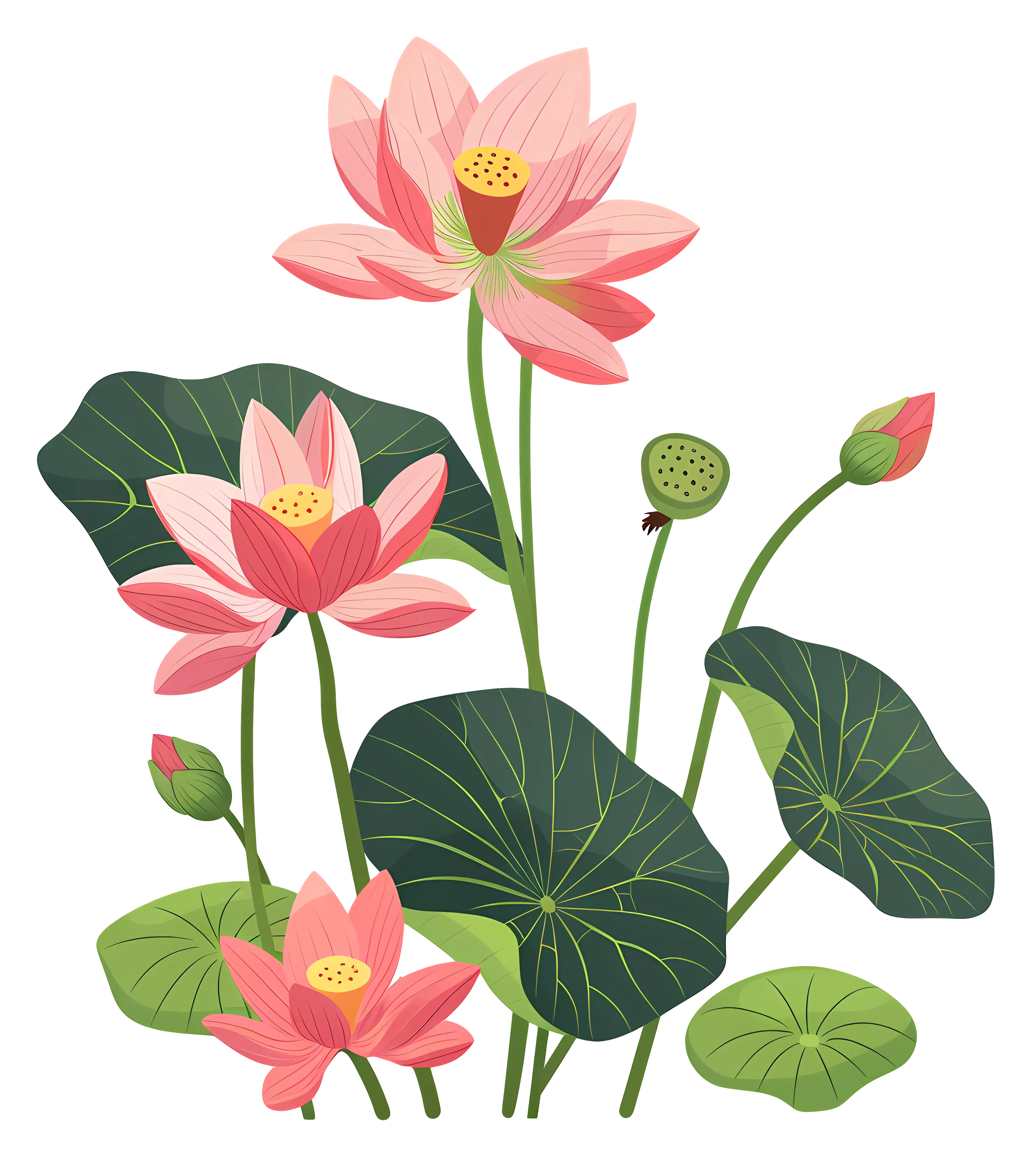 Illustration of Lotus Flowers and Leaves