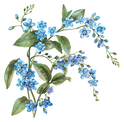 Delicate Blue Flowers and Leaves Illustration