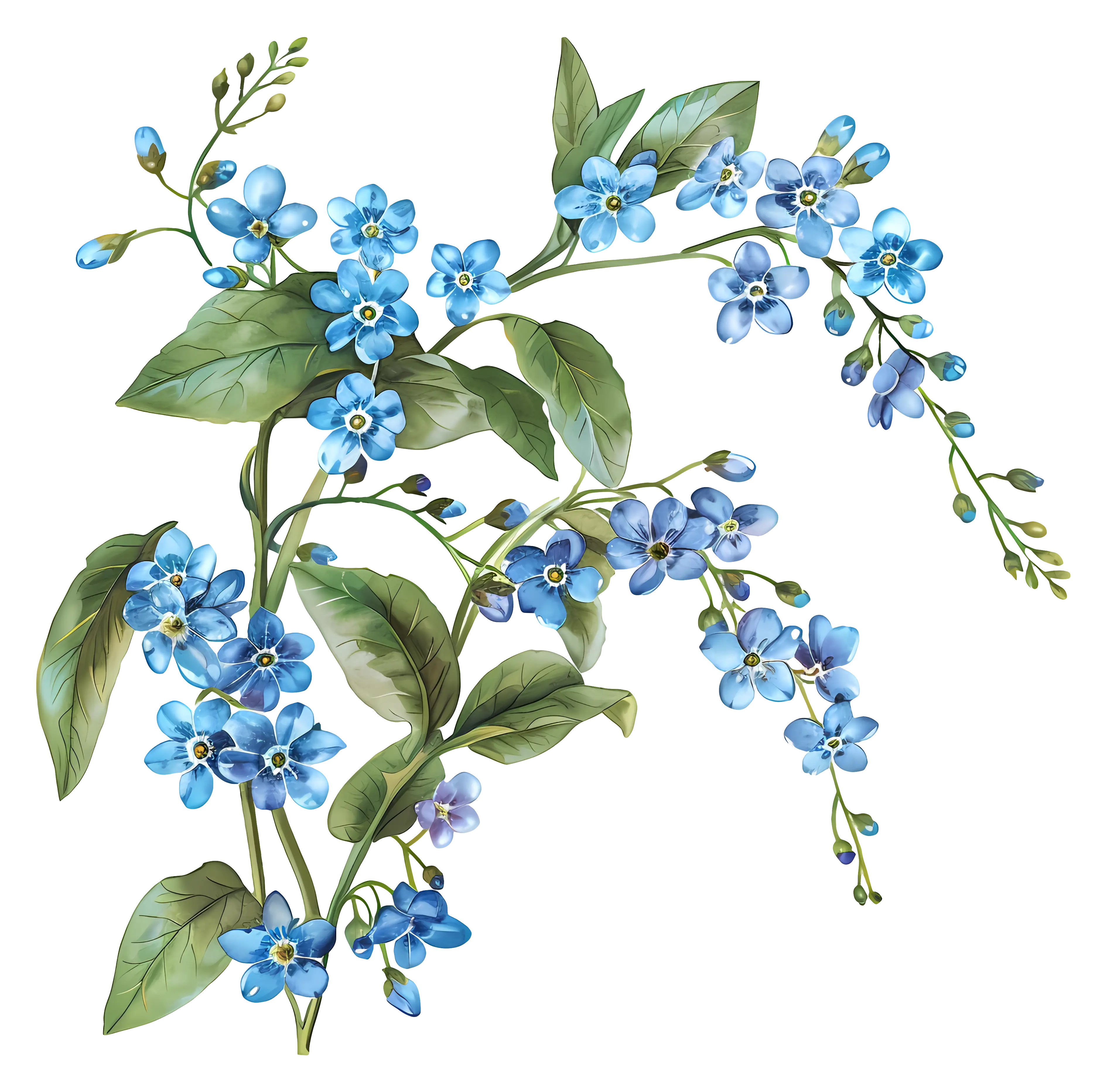 Delicate Blue Flowers and Leaves Illustration