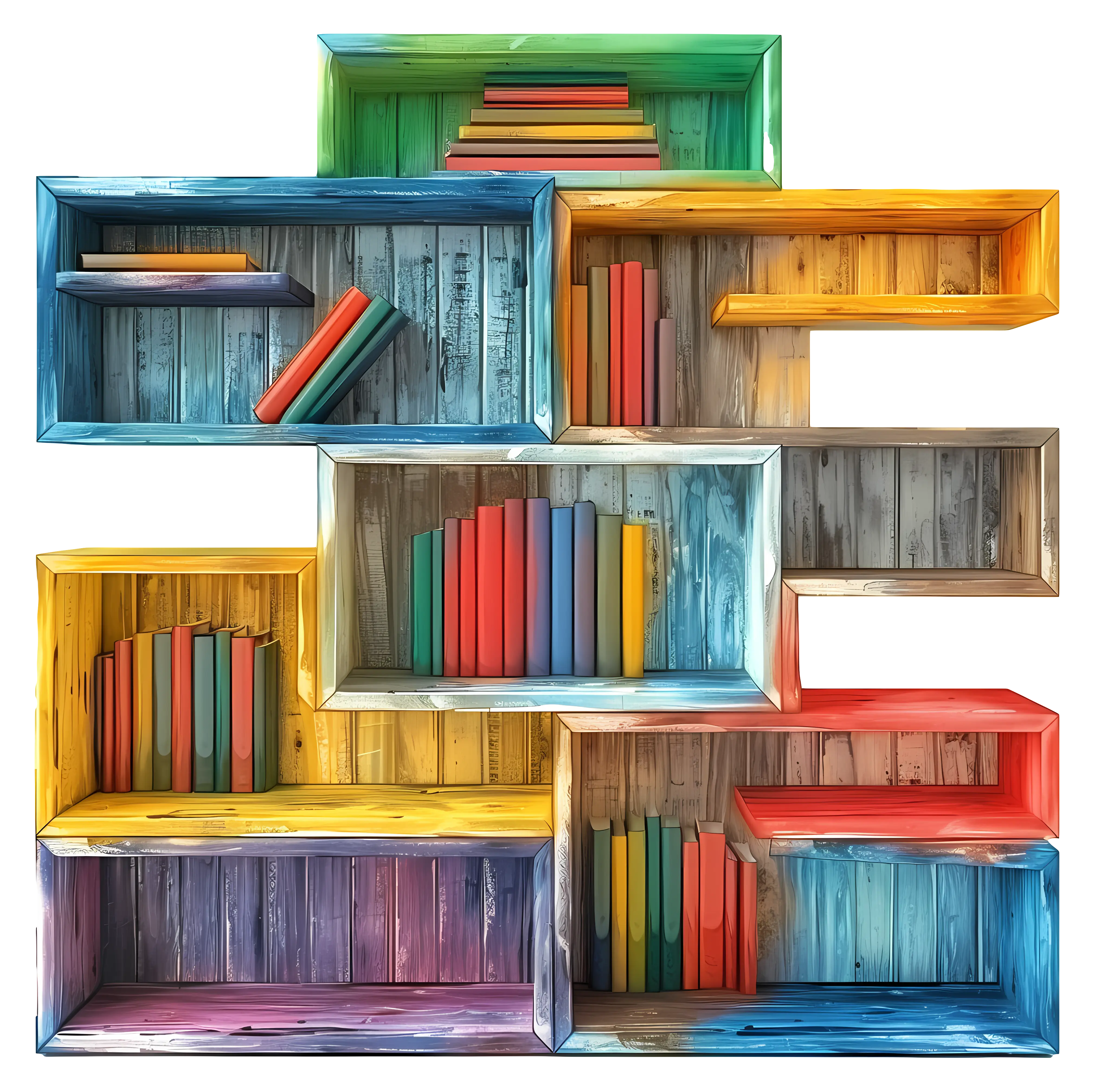 Colorful Wooden Bookshelf Filled with Books
