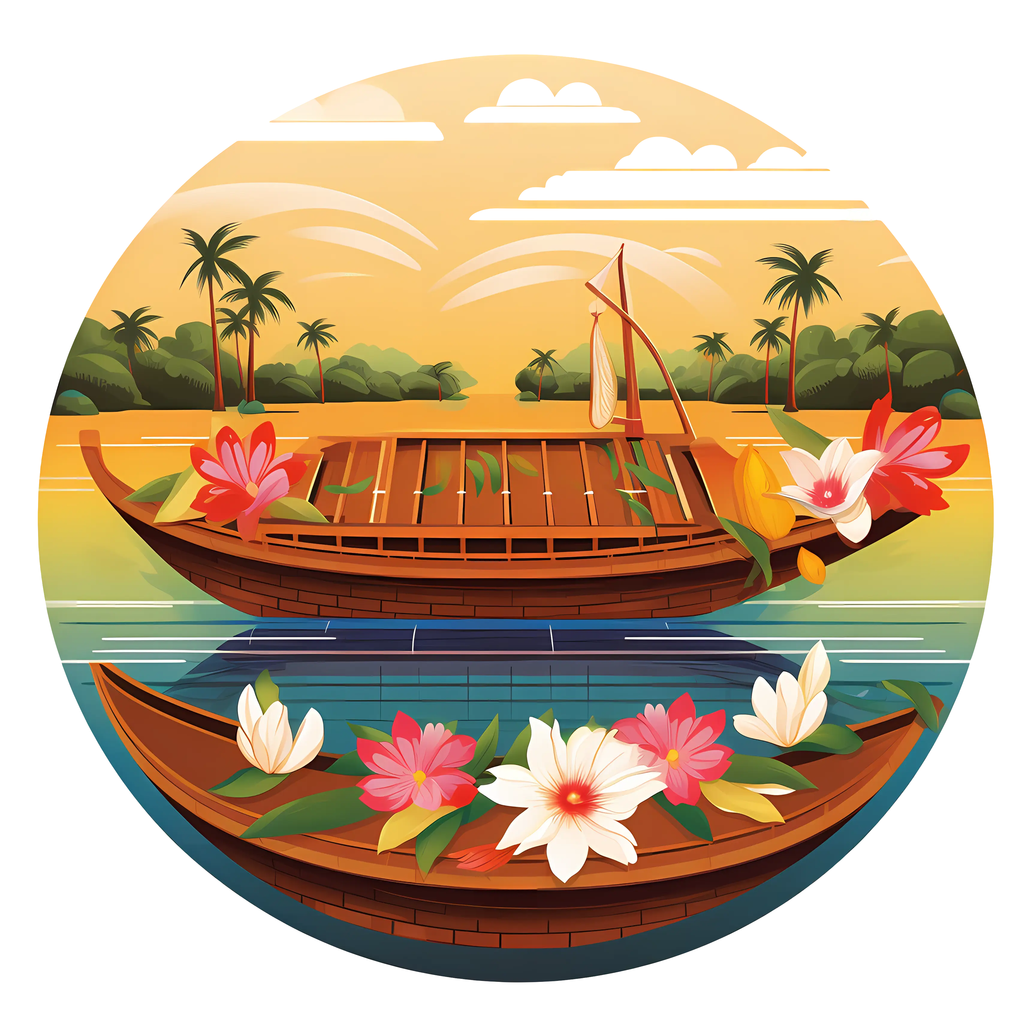 Decorative Wooden Boats with Flowers in a Serene Landscape